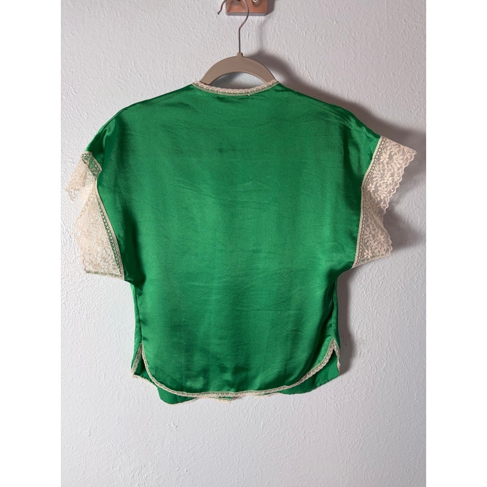 Lily of France VTG 70's Green Satin Lace Trim Top Petite Made in USA Coquette - Picture 4 of 6